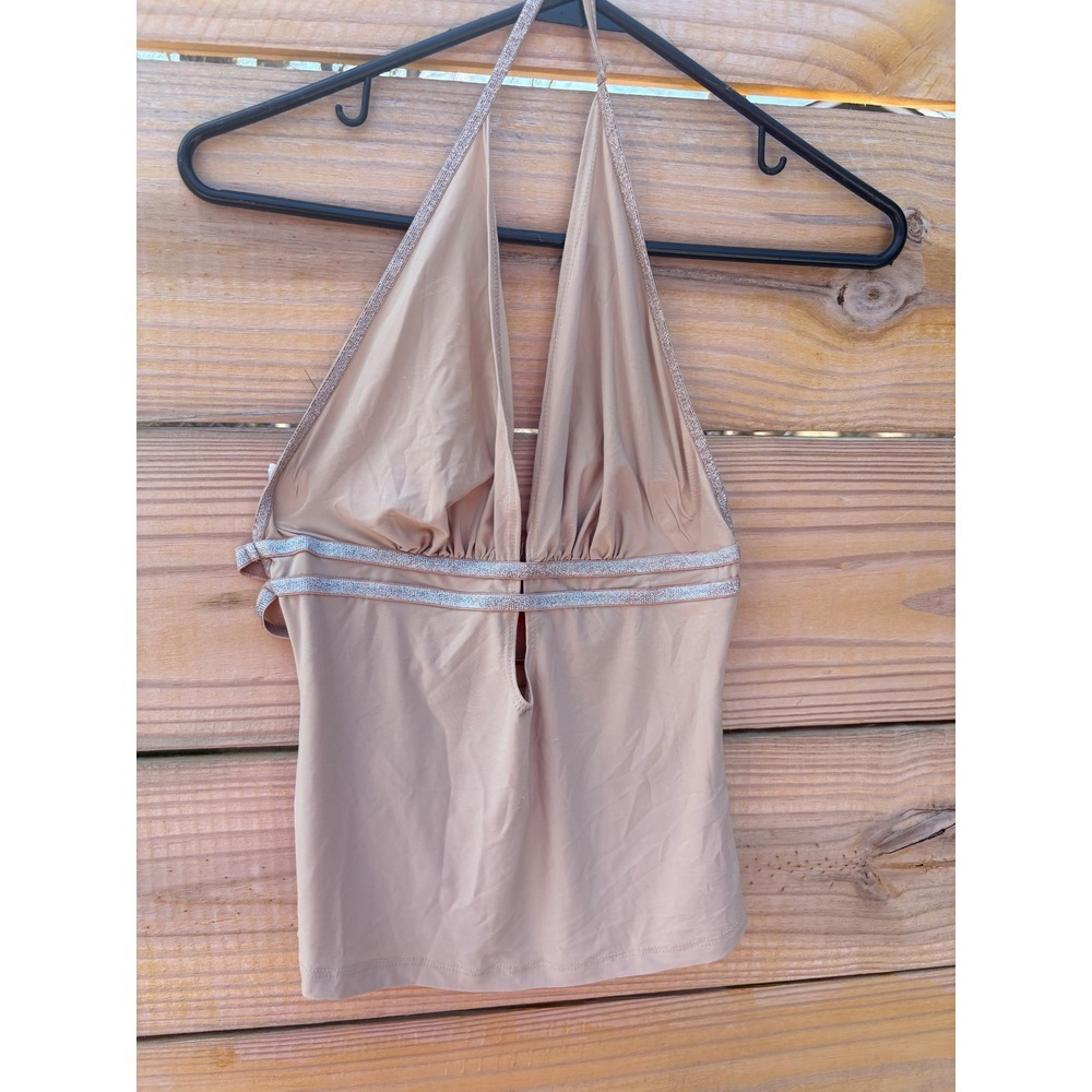 Habran Tan Halter Top Deep Plunge Metallic Silver Trim Open Back Large USA Made